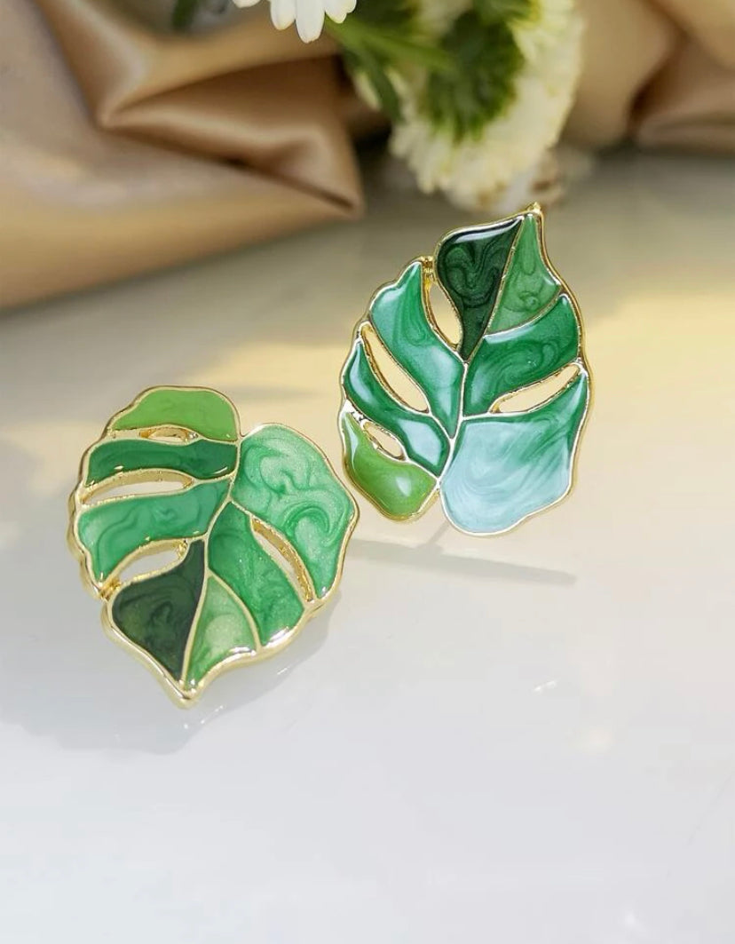 Green Monstera Earrings