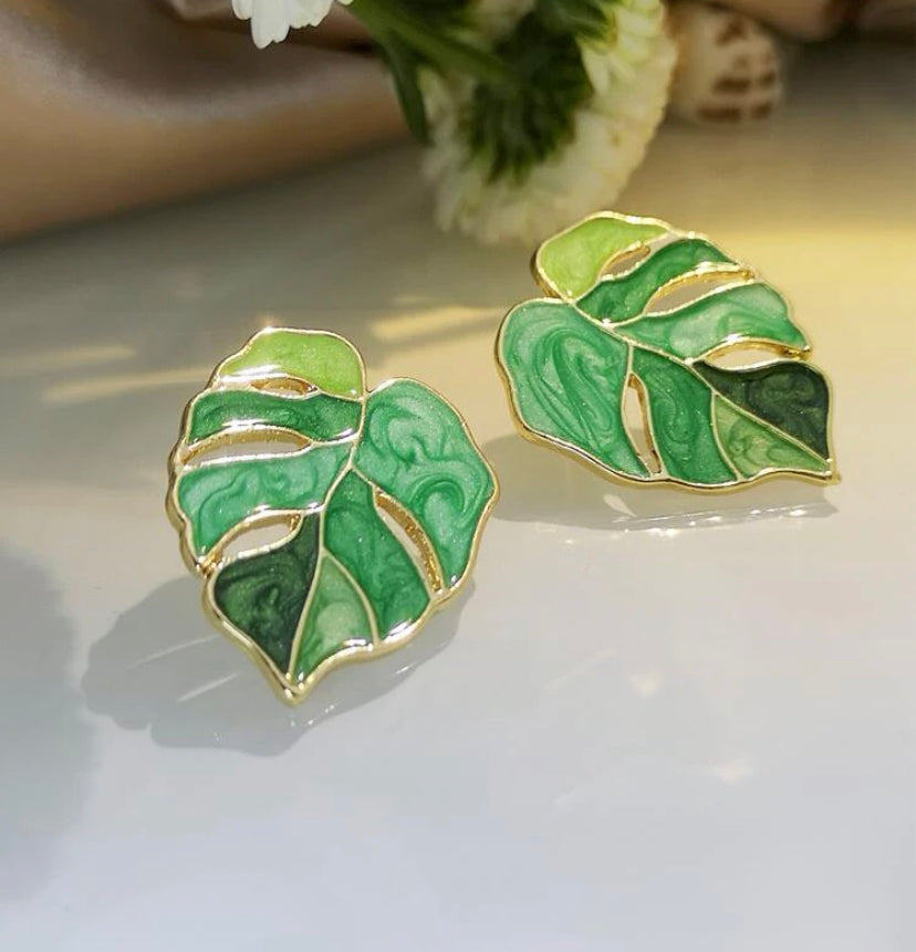 Green Monstera Earrings