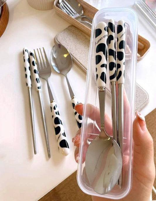 Cow Print Fork, Spoon, and Chop Stick Set